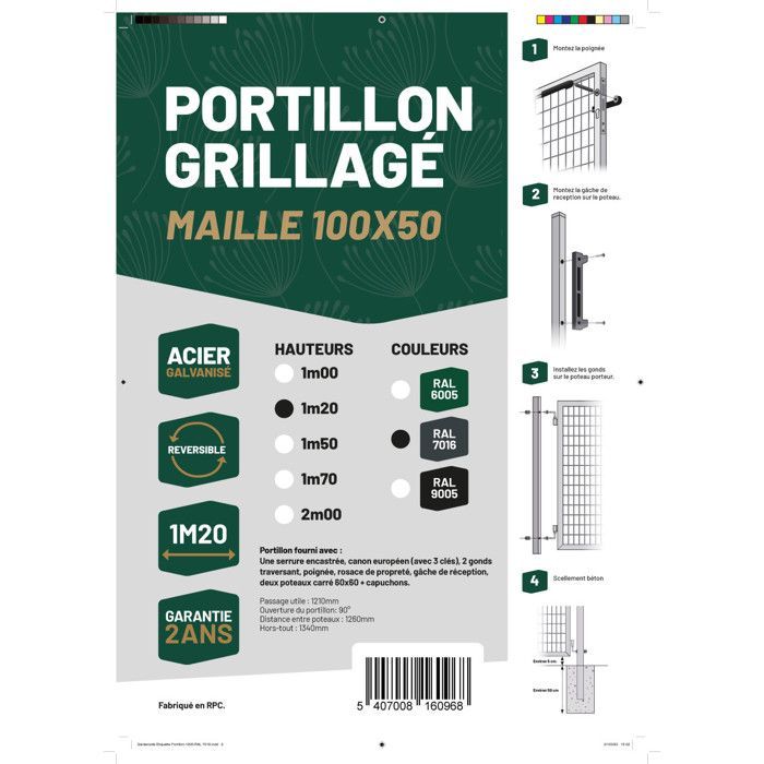 Portillon grillagé en acier galvanisé maille 100 x 50 L 1m20 x H 1m20 Gris anthracite