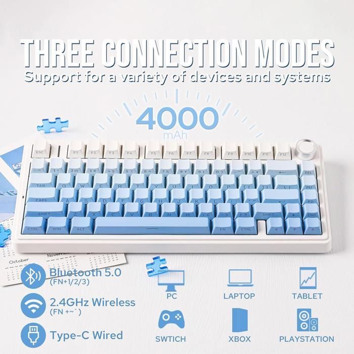 Tastiera meccanica da gioco wireless Aula F75 75% - 3 modalità, struttura a guarnizione, switch intercambiabili, tasti blu RGB-Cloud