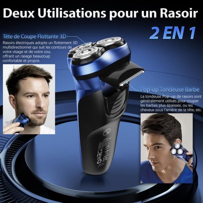 SEJOY Rasoir Electriques Hommes Sans Fil 3D Têtes Rotatives,Rechargeable Pop-up Tondeuse Barbe avec Écran LCD,1H Charge Rapide,Bleu