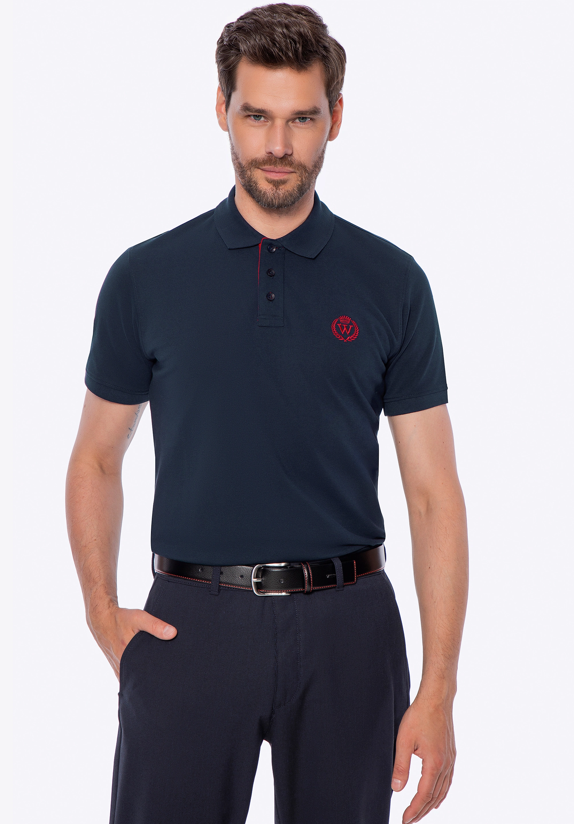 Koszulka polo męska bawełniana z kolorowym logo granatowa