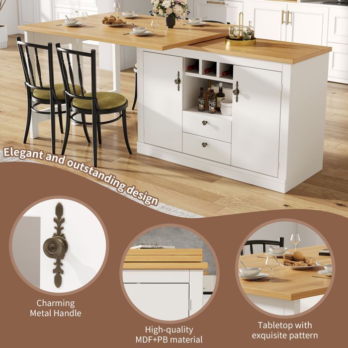 Isla de cocina multifuncional extensible, mesa de bar ajustable con rotación de 360° (120-180 cm), con 2 cajones y puertas, color blanco.