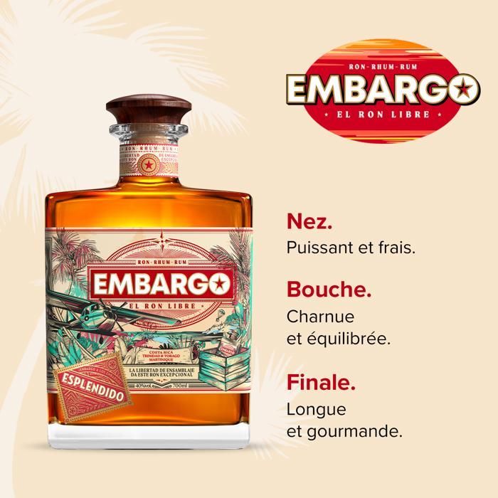EMBARGO - ESPLENDIDO - Ron - Origen: Costa Rica / Trinidad & Tobago / Martinica - 40% alcohol - Botella 70 cl