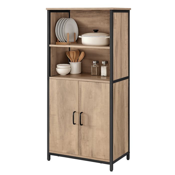 Meuble de Rangement, 2 Compartiment Ouverts, Placad, Cadre en Acier, Marron et Noir