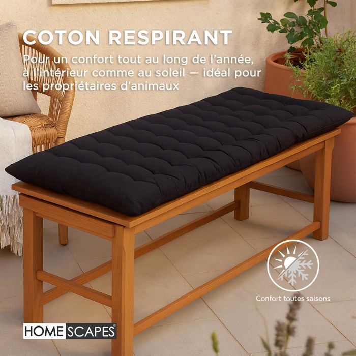 Cojín para banco de jardín - HOMESCAPES - Negro - 108 x 42 x 5 cm - Alfombra - Algodón y poliéster - Exterior