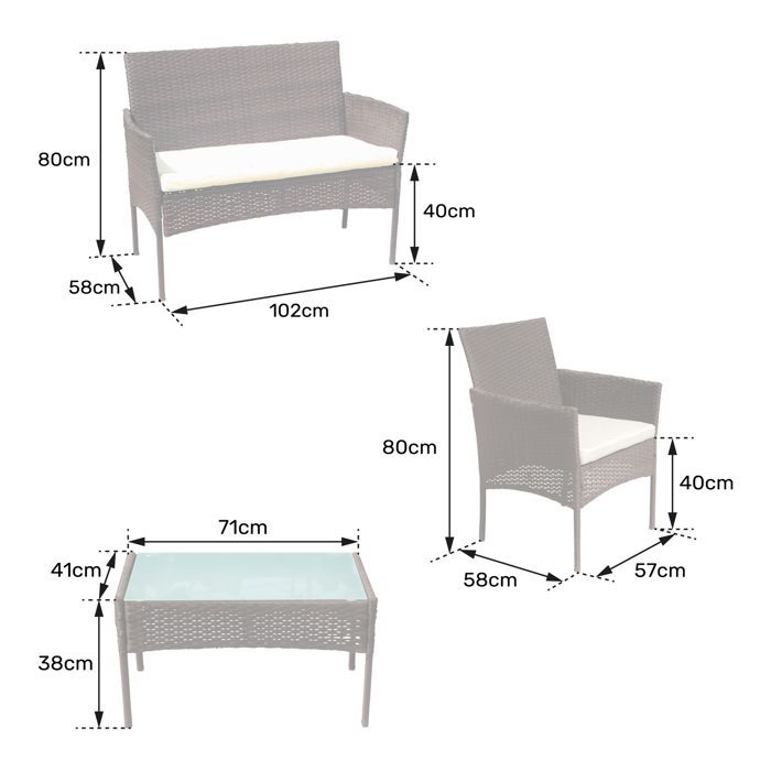 Conjunto de muebles de jardín CORFOU de 4 plazas en resina marrón con cojines beige.