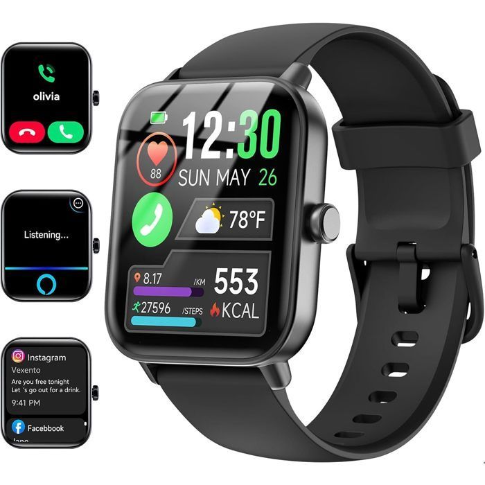 IOWODO Smartwatch voor dames en heren, multifunctionele waterdichte Bluetooth-activiteitstracker voor Android en iOS, zwart