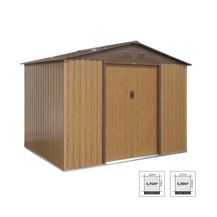 Casetta da giardino in metallo - FERRAIN 5,29 m² colore rovere - Capanno porta attrezzi con due grandi porte scorrevoli. Kit di fissaggio.