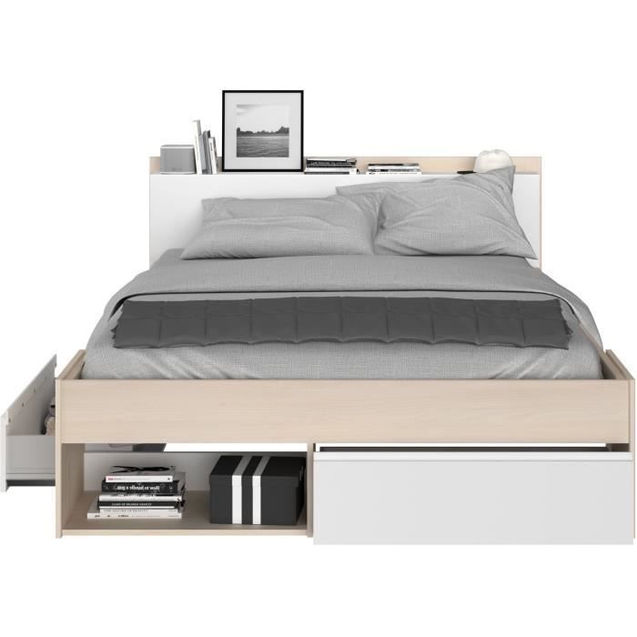 Cama adulta COMBO 140x190/200 cm - Acacia y blanco - 3 cajones - PARISOT