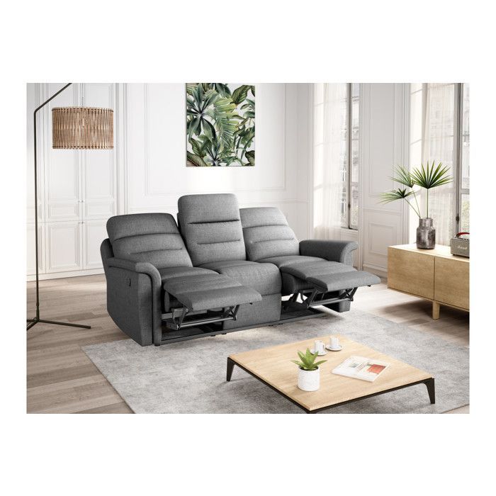 Sofá reclinable de 3 plazas LÉON en tela gris - Gris claro - 191 x 94 x 100 cm - LOUNGITUDE