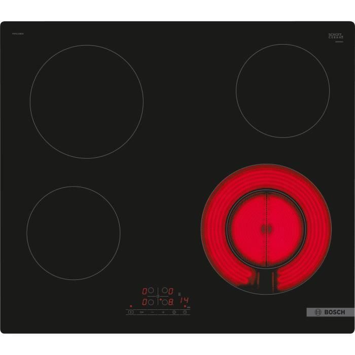 Placa vitrocerámica Bosch PKF611BB8E de 60 cm - Controles frontales - Sin marco - Doble zona - Negra