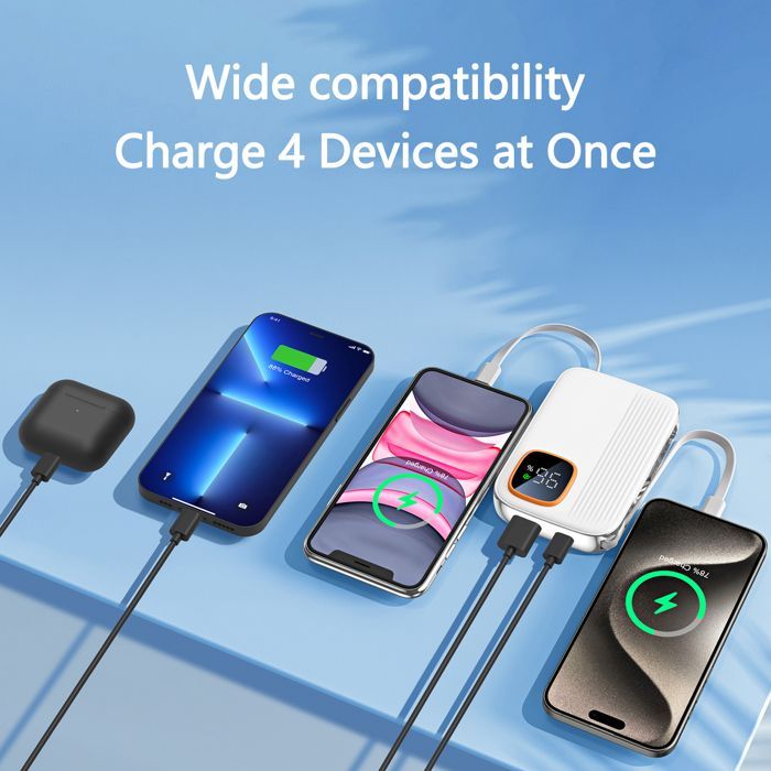 Externe batterij met 2 kabels, 22,5W 10000mAh powerbank wit, PD3.0 QC4.0 snelladen, compatibel met iPhone, Samsung en HUAWEI