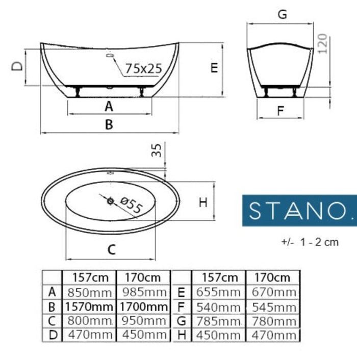 BRIGHTON 170 cm freistehende Designer-Badewanne, inklusive Ablaufgarnitur, Schwarz