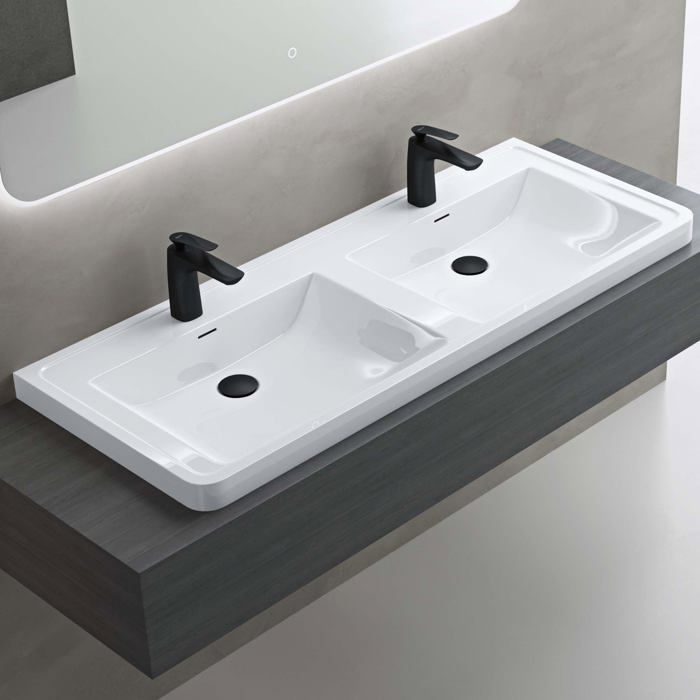 Lavabo a doppio incasso doporro, bianco, in superficie solida, rettangolare, di alta qualità, 120x48x14,5cm, Colossum08
