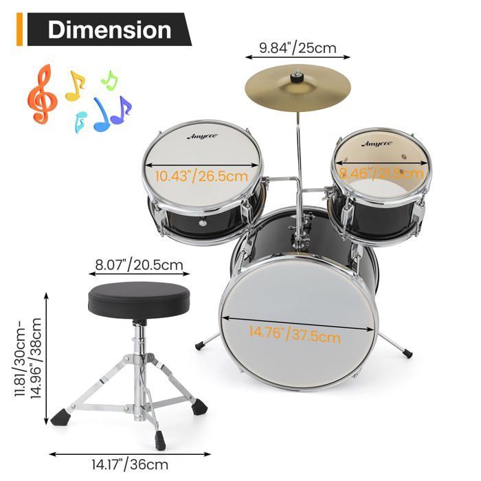 Batería acústica infantil - LUNSY - 3 piezas - Bombo de 14 pulgadas - AD-150 - Construcción de madera y metal