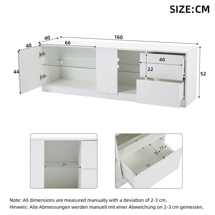 Mueble para TV KoDise blanco, mueble para TV de 160 cm con iluminación LED, 2 cajones y 1 puerta - para salón y dormitorio.