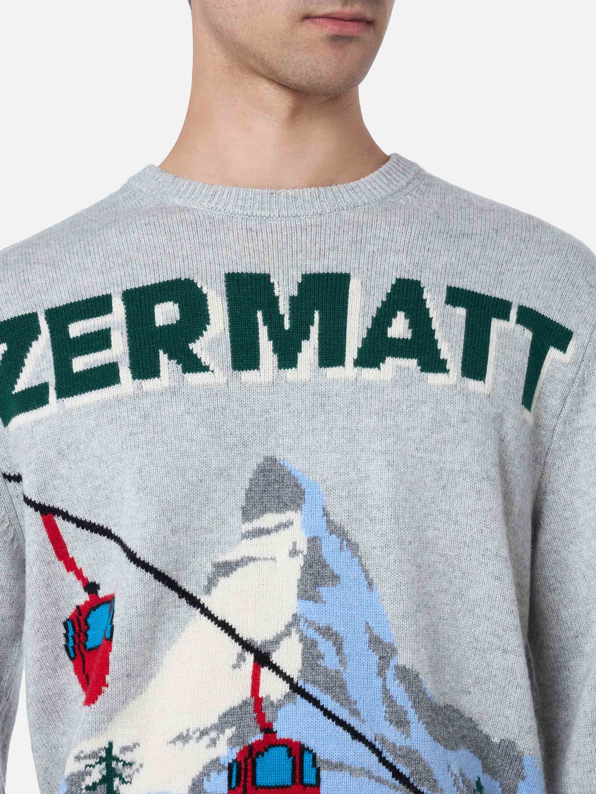 Grijze herentrui met reigermotief en ansichtkaartprint van Zermatt Cable.