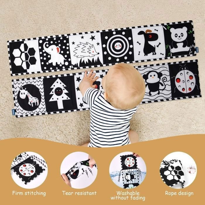 Livre D'eveil Double Face en Tissu,Livre Tissu Bébé Livre Noir et Blanc Bébé Pliable Réutilisable,  développement Cerveau Bébé