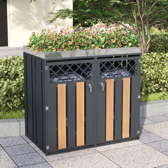 Cache Poubelles de Jardin pour 2 poubelles, Pot de fleurs, trous d'aération, Porte Verrouillable, Métal, Gris + Bois