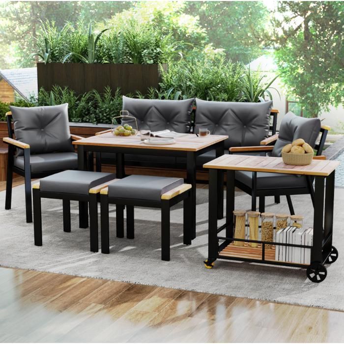 Table à manger et chaises de jardin 6-7 places avec fauteuils et chariot de salle à manger amovible,bois d’acacia