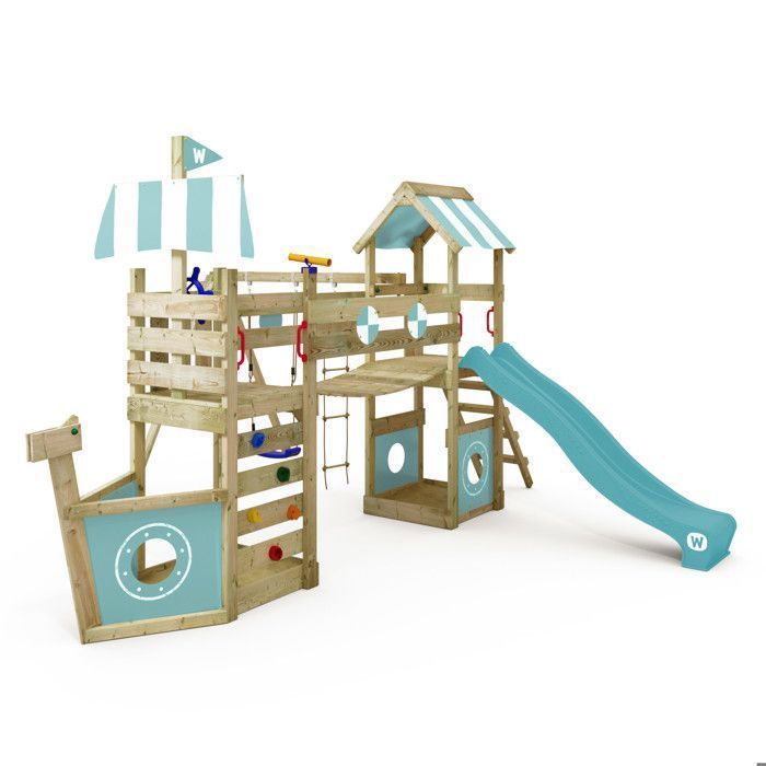 WICKEY StormFlyer speeltoestel in bootvorm van hout met een pastelblauwe glijbaan van 220 cm en een klimwand – 10 jaar garantie*