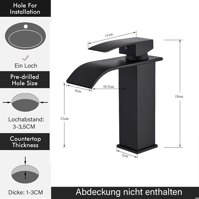 Grifo mezclador de lavabo tipo cascada - Grifo de baño - Grifo mezclador de agua fría y caliente - Negro mate