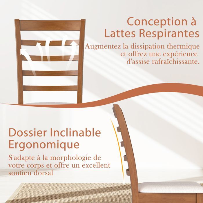COSTWAY Set of 2 Hevea Wood Dining Chairs 44 x 56 x 96 cm - High Slatted Backrest - Seat 44 x 44.5 cm Upholstered Beige