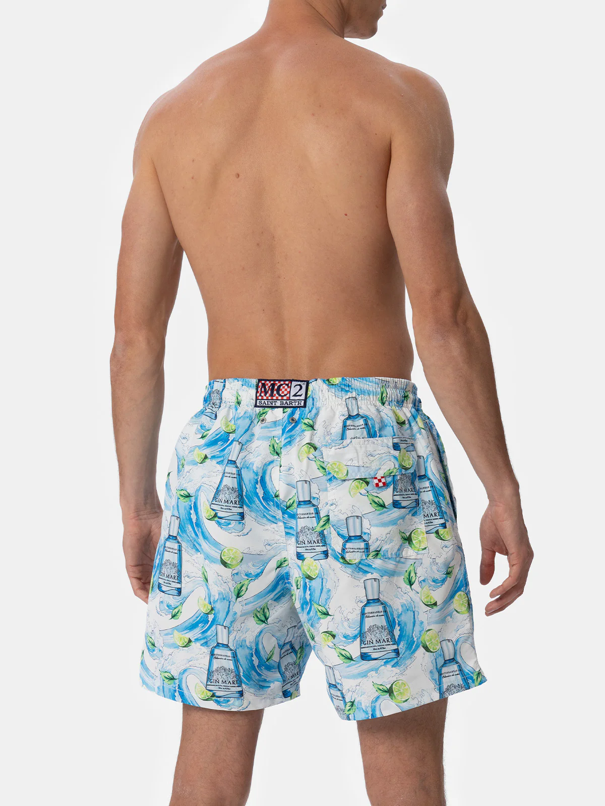 Man Gustavia Mid-Length Swim Shorts | Gin Mare All-Over Print Special Edition | Elastic Waistband, Adjustable Drawstring | MC2 Saint Barth
