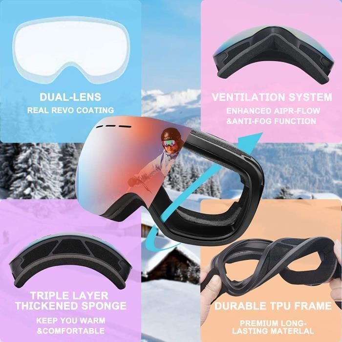 Gafas de esquí OTG, gafas protectoras con lente esférica de doble capa, gafas de snowboard resistentes al viento UV400, antivaho.