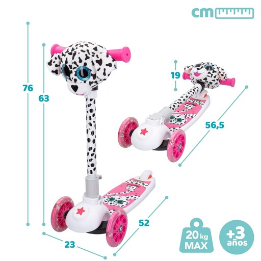 Patinete dobrável de 3 rodas com dálmata, luzes e brinquedo de pelúcia K3yriders