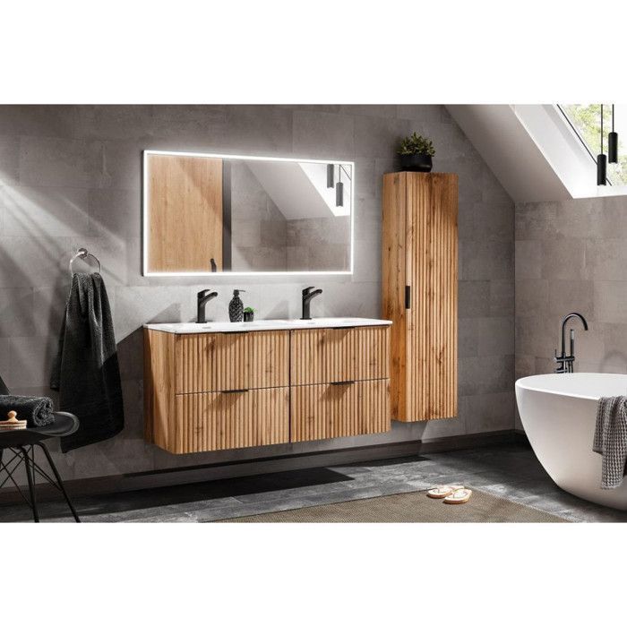 Conjunto completo de baño con lavabo doble de 120 cm + 2 armarios - Roble Georgia