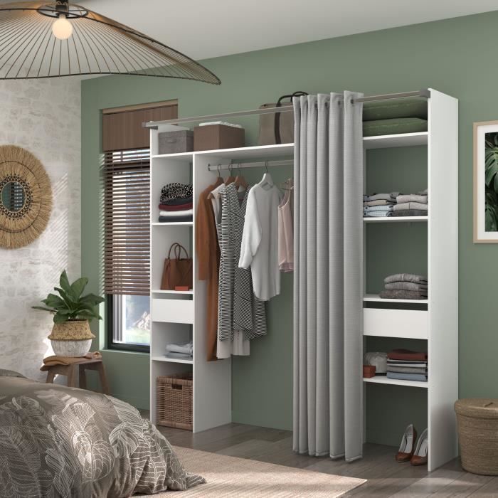 Dressing double ARTIC - L 198 x P 40 x H 203 cm - Blanc + rideau Made in France