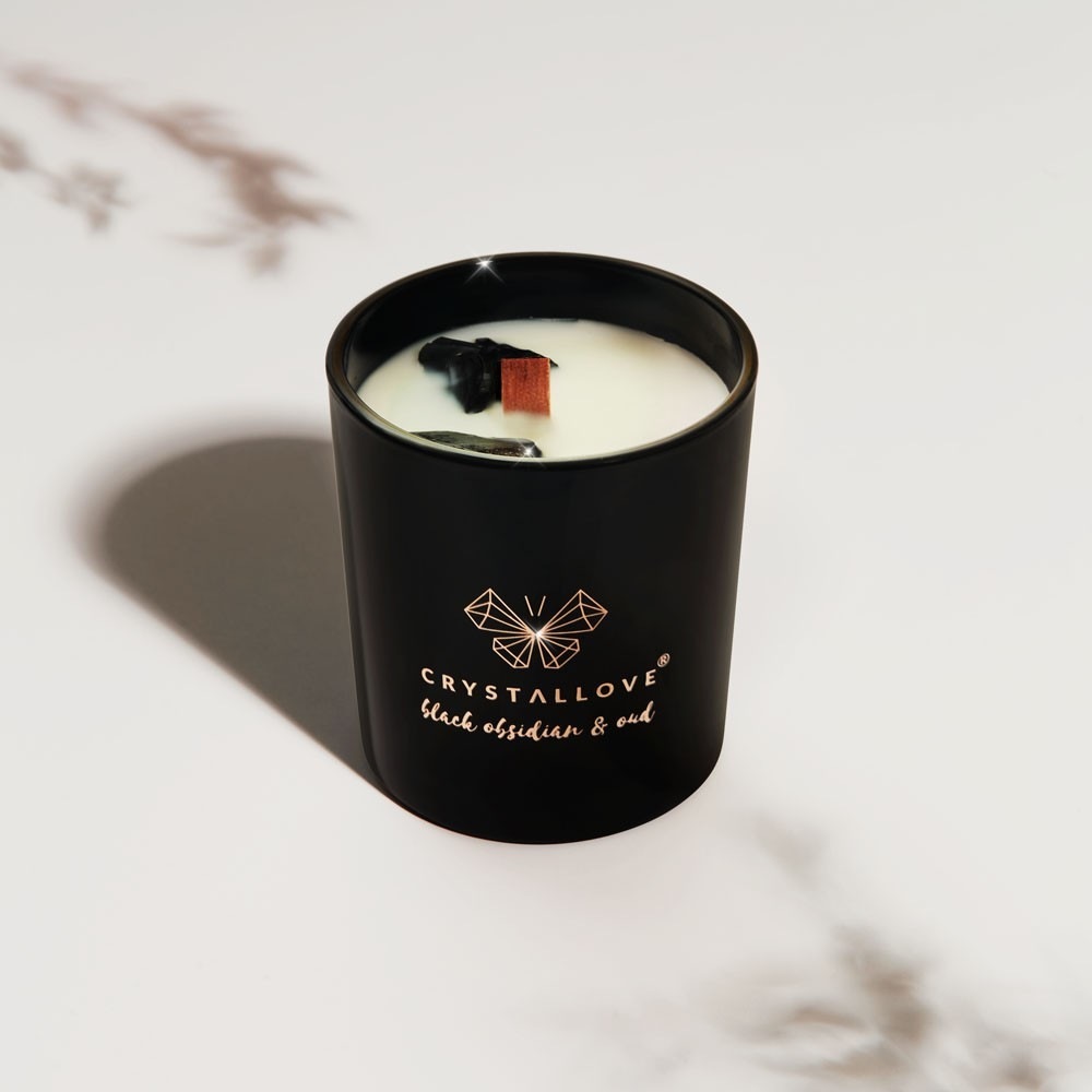 Bougie Crystallove, obsidienne noire, cire de soja et oud – 1 pièce