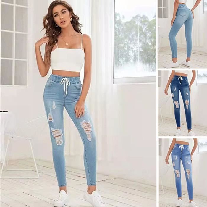 Jeans Femmes - FUNMOON - Taille Élastique Déchiré Lacets - Bleu - Slim - Taille haute