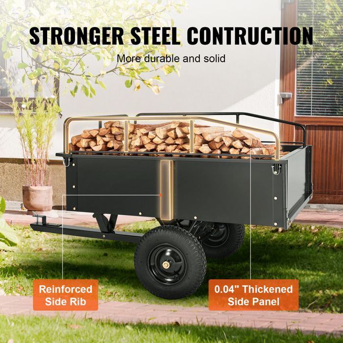 Remolque basculante VEVOR - Capacidad de carga de 340 kg - Remolque utilitario de jardín de alta resistencia - para tractor, cortacésped