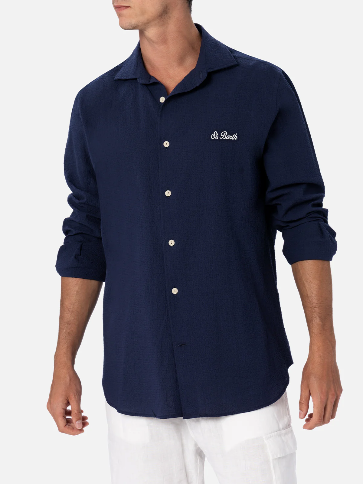 Herrenhemd aus Pamplona-blauem Seersucker-Baumwollstoff