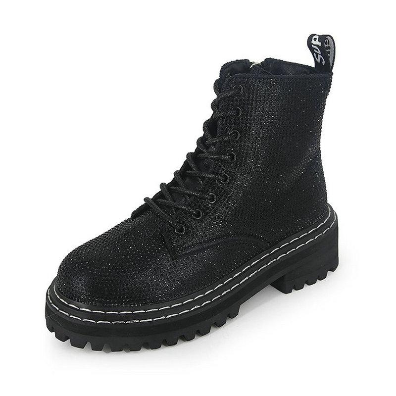 Nouveaux escarpins d'hiver pour femmes, bottines Martin à plateforme, tendance, strass, lacets, bout rond, talons mi-hauts, chaussures de neige pour femmes