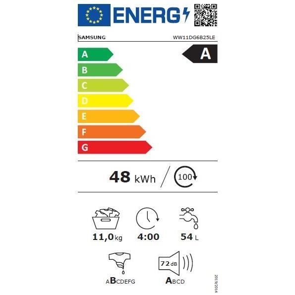 Lave-linge hublot SAMSUNG AI ecobubble™ WW11DG6B25LE - 11 kg - Digital Inverter - L60cm - 1400 trs/min - Classe A-10% - Blanc