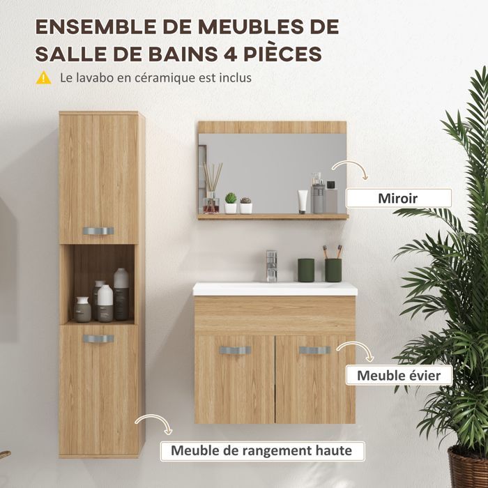 Ensemble de Meubles de Salle de Bain - kleankin - 4 Pièces - Mural - Miroir, Meuble sous Vasque, Lavabo et Armoire Haute - Naturel