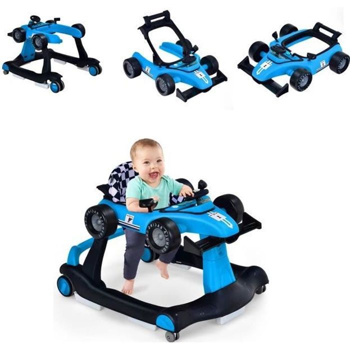 DREAMADE 3-in-1 converteerbare loopstoel voor baby's, opvouwbaar met verstelbare hoogte, muziek en lichtjes, autovorm, voor 6-18 maanden, blauw