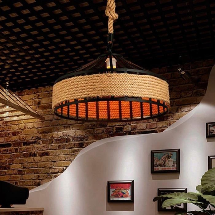 Suspension en corde de chanvre - Noir - Ø30 cm - E27 - Design rétro - Éclairage intérieur