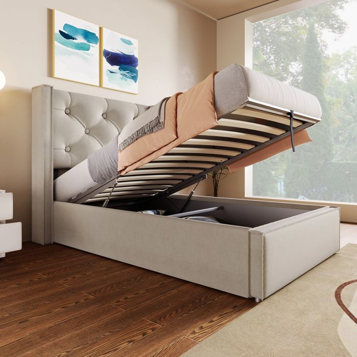 Cama infantil con almacenamiento de 90 x 200 cm con compartimento de almacenamiento, somier de láminas incluido, cama individual con espacio de almacenamiento, gris claro.