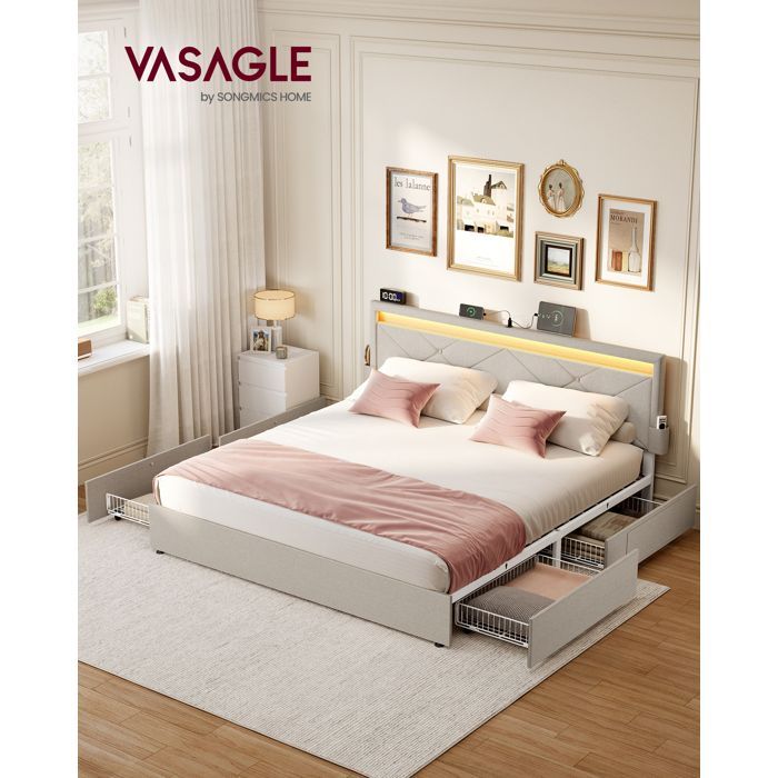 Doppelbett – VASAGLE – Integrierte LED-Beleuchtung – 4 Schubladen – Cappuccino-Beige