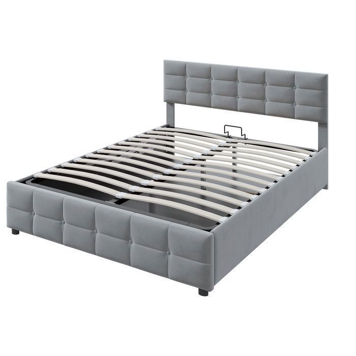 Cama de 180x200 cm con almacenamiento hidráulico y somier de láminas - Gris