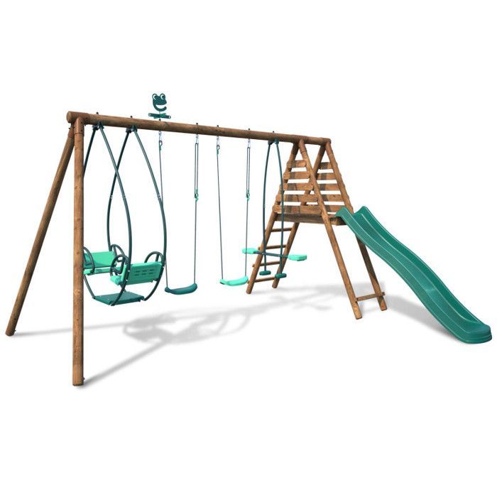 Columpio redondo de madera con 4 elementos de juego, incluyendo escalada cara a cara y tobogán - JACINTHE