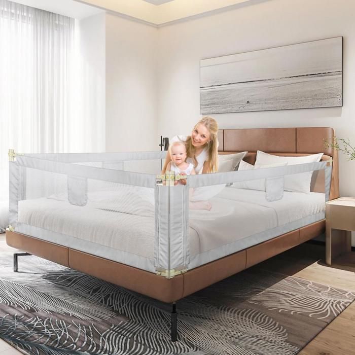 JEOBEST - Bed Rail - 200cm - Baby Safety Rail - Light Grey - Adjustable Height (70-100cm)