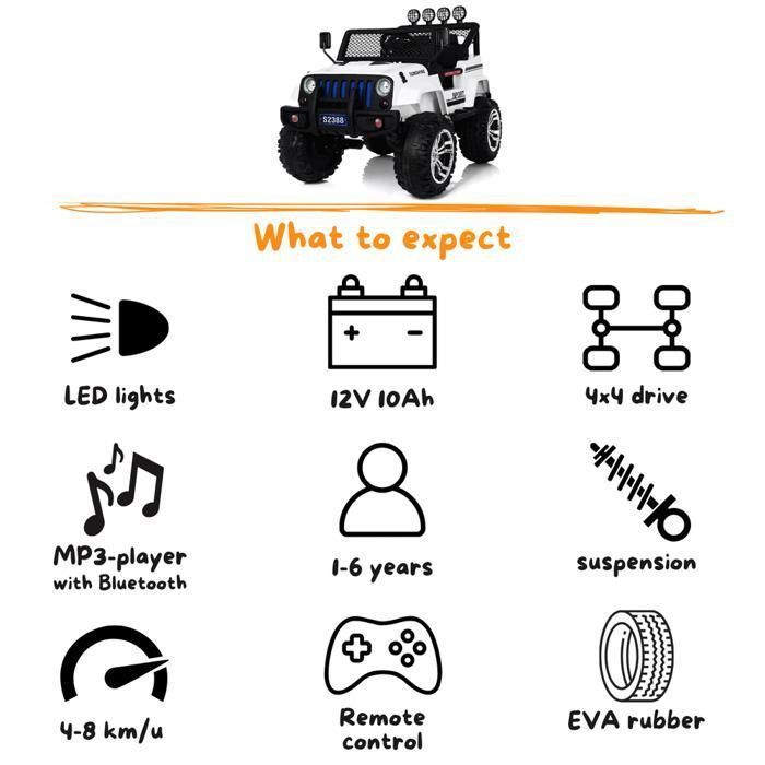 Jeep-Style 4x4 12V Elektro-Kinderauto – Weiß – Alter 2–6 Jahre – 4 Motoren – EVA-Reifen – Bluetooth – 35 kg
