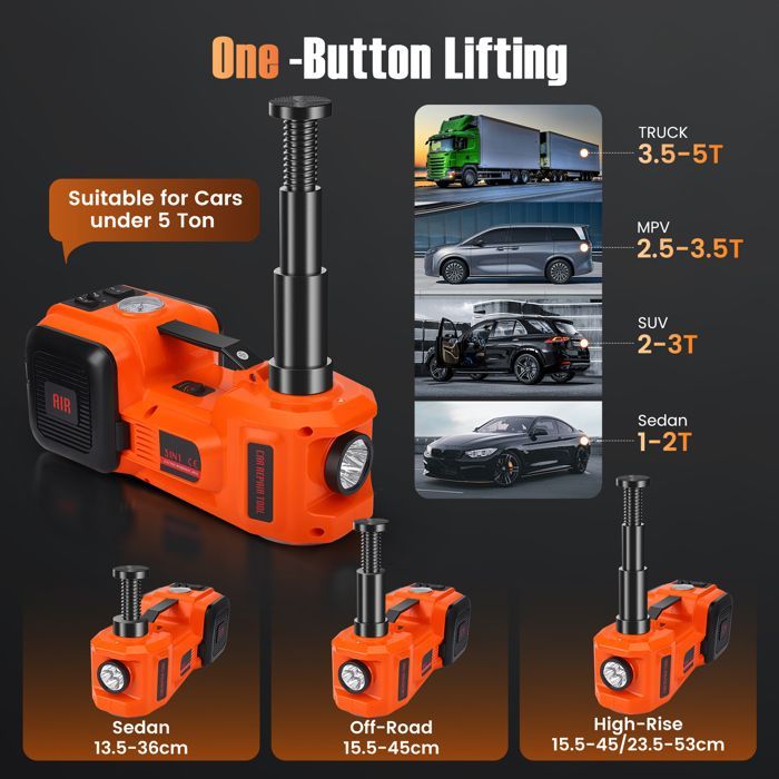 Macaco hidráulico elétrico 5T, kit de elevação 12V 180W com bomba de ar e luz LED, macaco de 150-450mm para carros e SUVs
