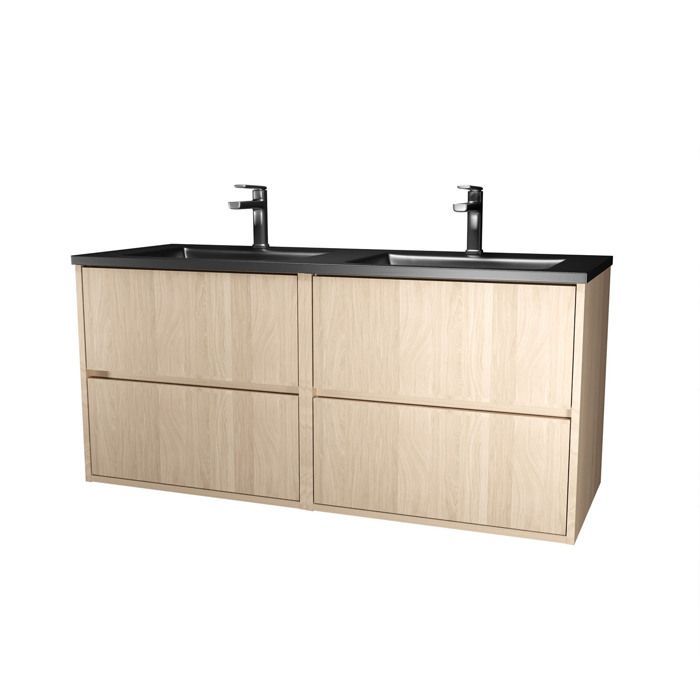 Mueble de baño de 120 cm con 4 cajones en roble claro + lavabo doble de cerámica negra - XENOS