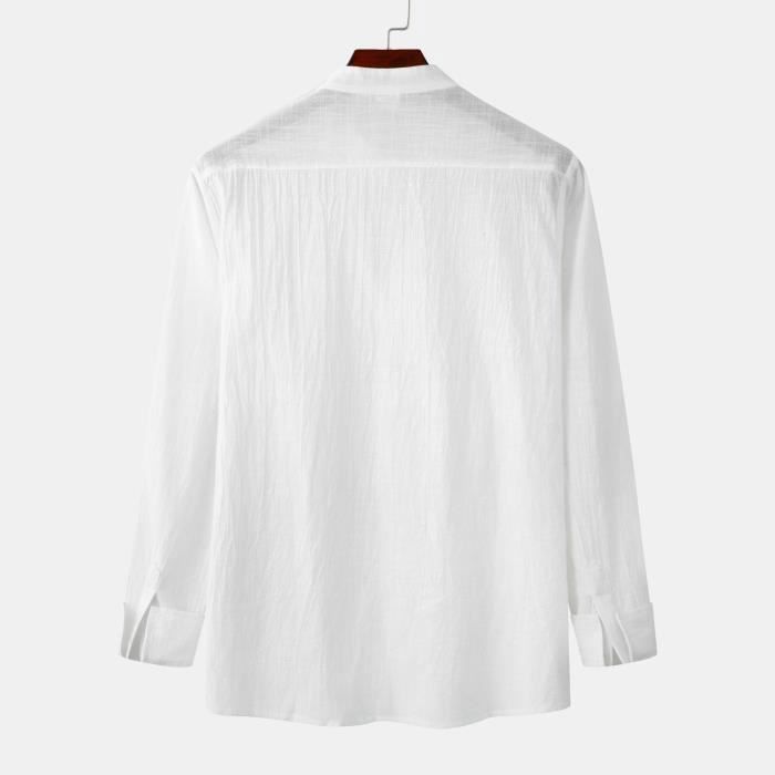Camicia da uomo a maniche lunghe in cotone e lino con colletto alla coreana - INSFITY - Bianca - Vestibilità regolare - Casual