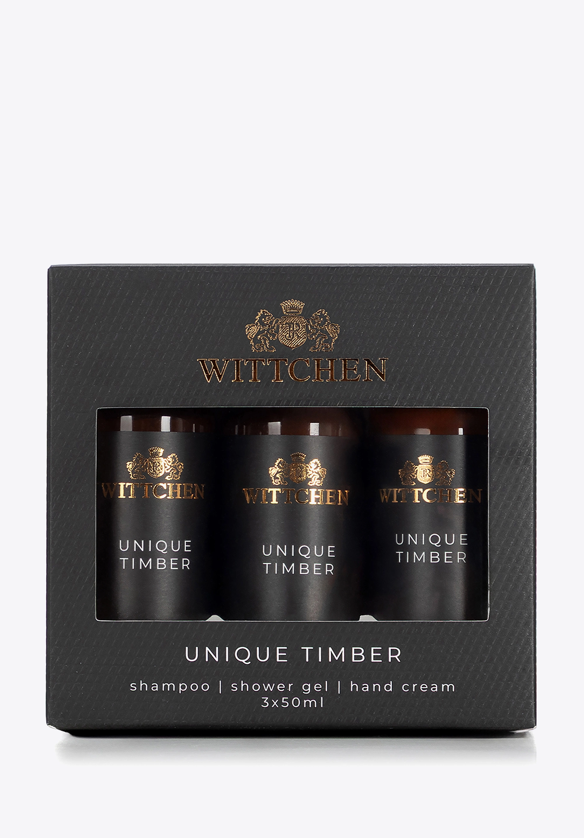 Podróżny zestaw kosmetyków szampon, żel, krem do rąk Unique Timber